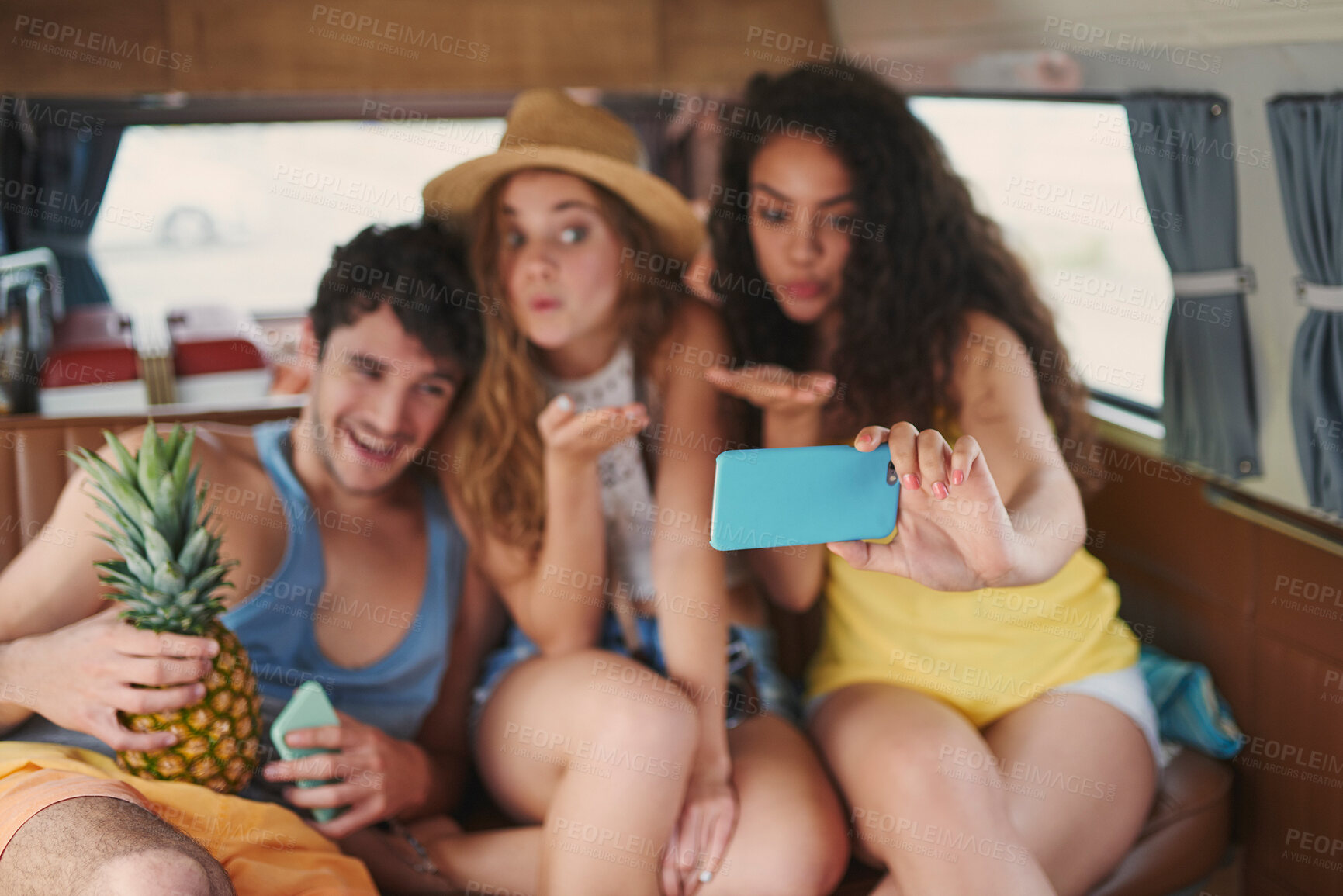 Buy stock photo People, friends and happy on selfie in car on road trip for memories, social media post and profile picture. Relationship, gen z and smile in minivan or vehicle for bonding on summer holiday or break