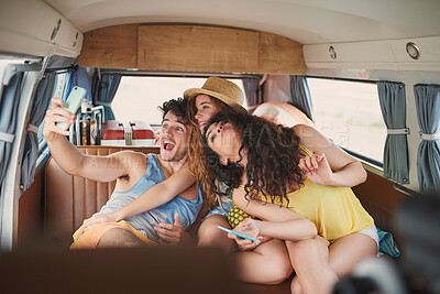 Buy stock photo People, friends and smile on selfie in car on road trip for memories, social media post and profile picture. Relationship, gen z and happy in minivan or vehicle for bonding on summer holiday or break