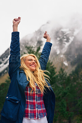 Buy stock photo Outdoor, freedom and woman in forest, celebration and excited for hiking, travel or adventure in winter. Nature, happy and girl with smile for vacation, mountain and person in woods or snow in Canada