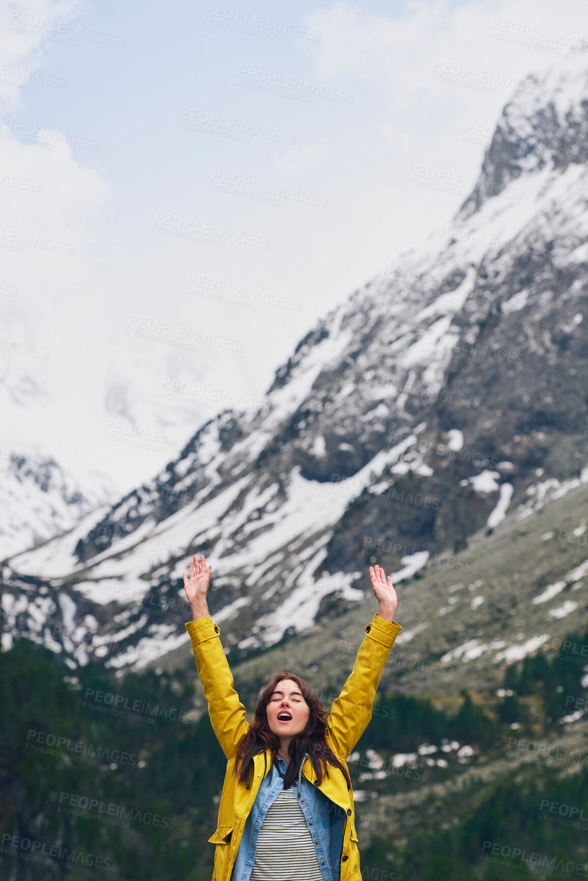 Buy stock photo Women, happy and open arms on forest or mountain with snow for winter holiday and adventure. Female person, tourist and freedom with smile at countryside for hiking, camping and break in Canada