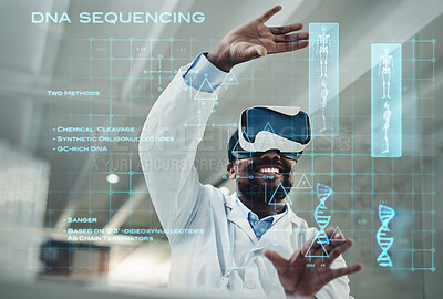 Buy stock photo Black man, doctor and VR for future DNA, experiment or dashboard in medical research at hospital. Happy African male healthcare professional smiling for virtual reality or laboratory technology