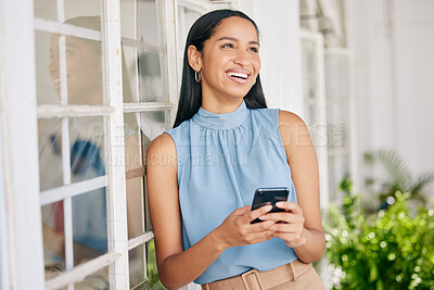Buy stock photo Happy business woman on mobile phone, online communication with smile and typing email on 5g smartphone at an office outside at work. Manager and corporate worker on website and internet app