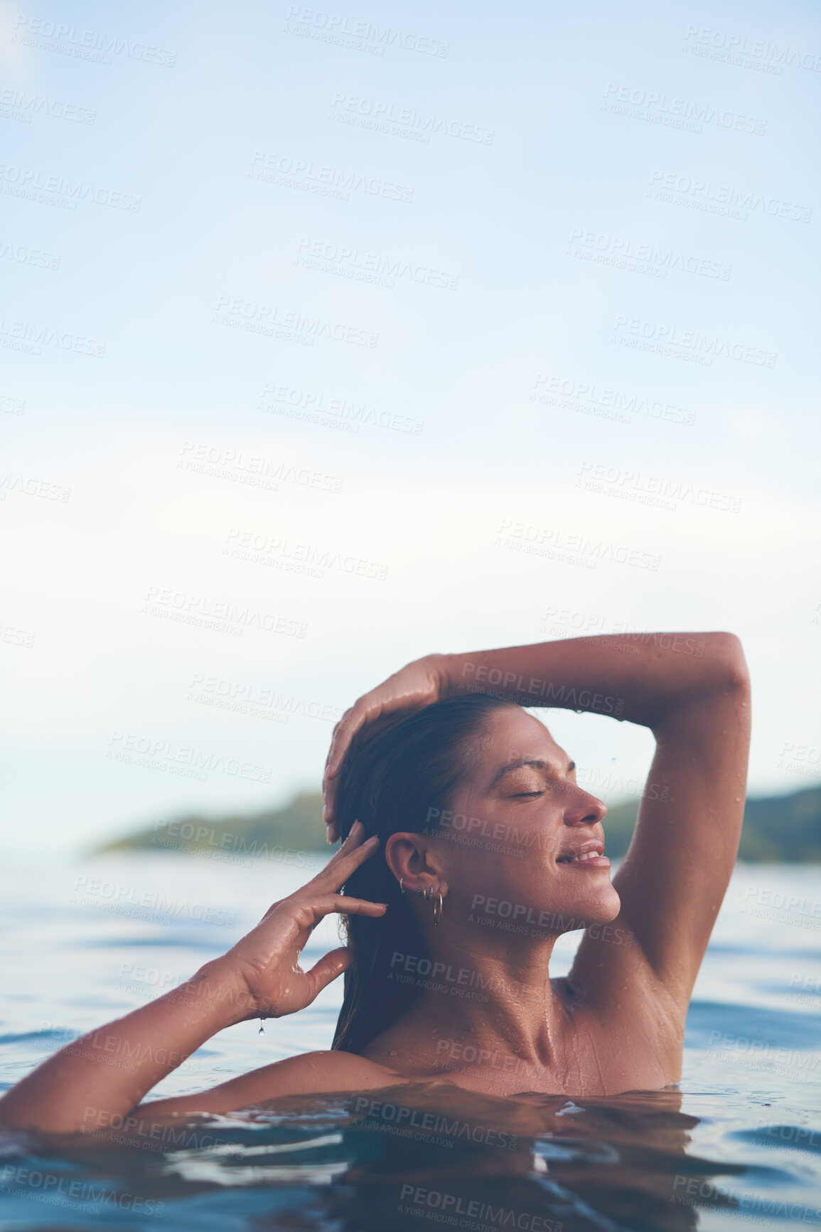 Buy stock photo Ocean, swimming and woman with sea, outdoor and relax with getaway trip, freedom and vacation for fun. Person, traveller and girl with holiday, water and summer with weekend break, tourism or travel