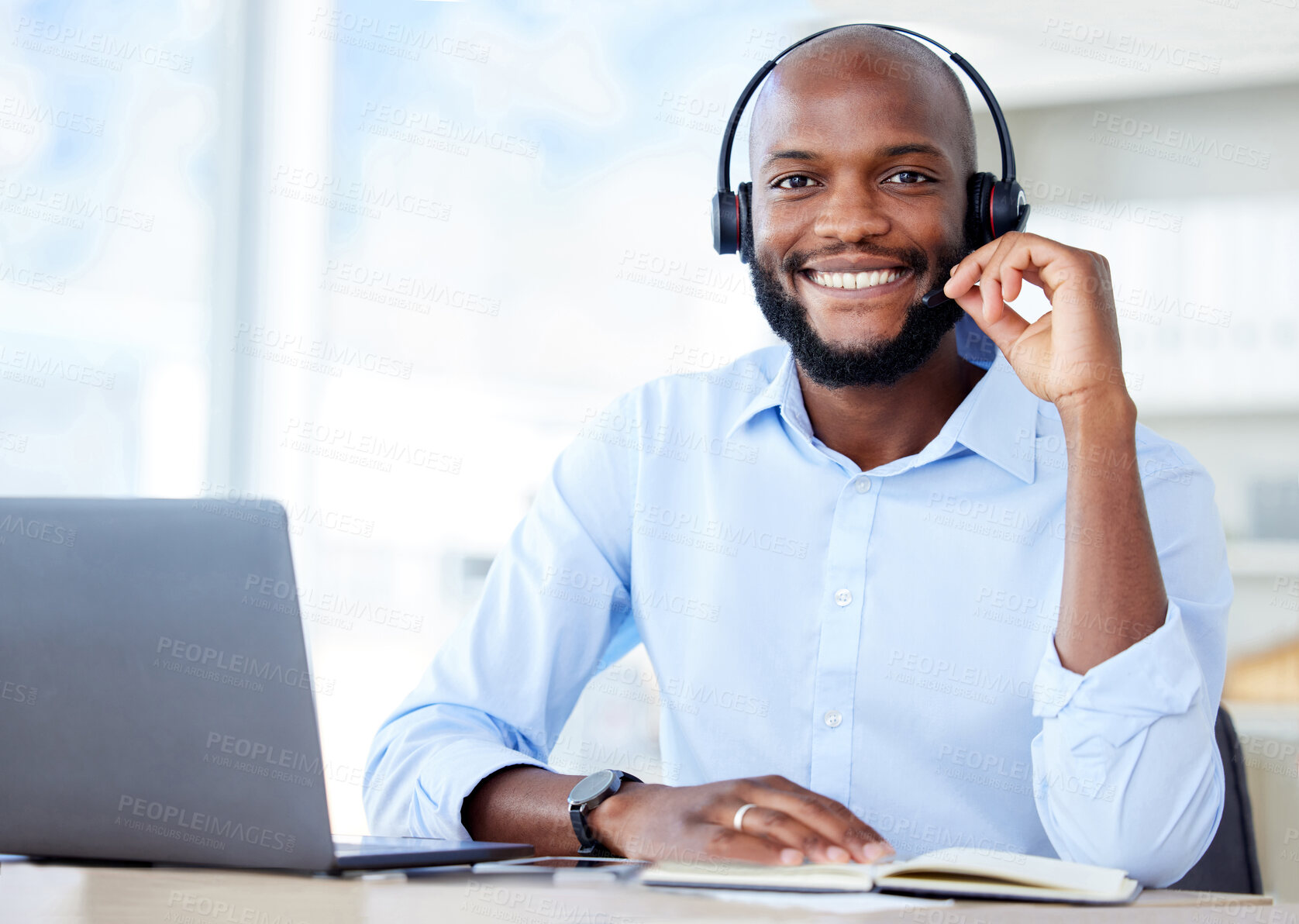Buy stock photo Portrait, call center and black man with telemarketing, smile and customer service with a laptop, headphones and advice. Face, male person and happy consultant with headset, friendly and tech support