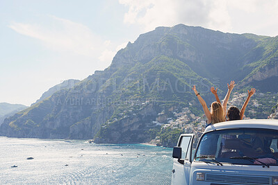 Buy stock photo Car, back view and women at ocean for freedom, vacation and summer travel in Italy. Road trip, van and people at beach for celebration, holiday and friends outdoor at sea coast, journey and tourism.