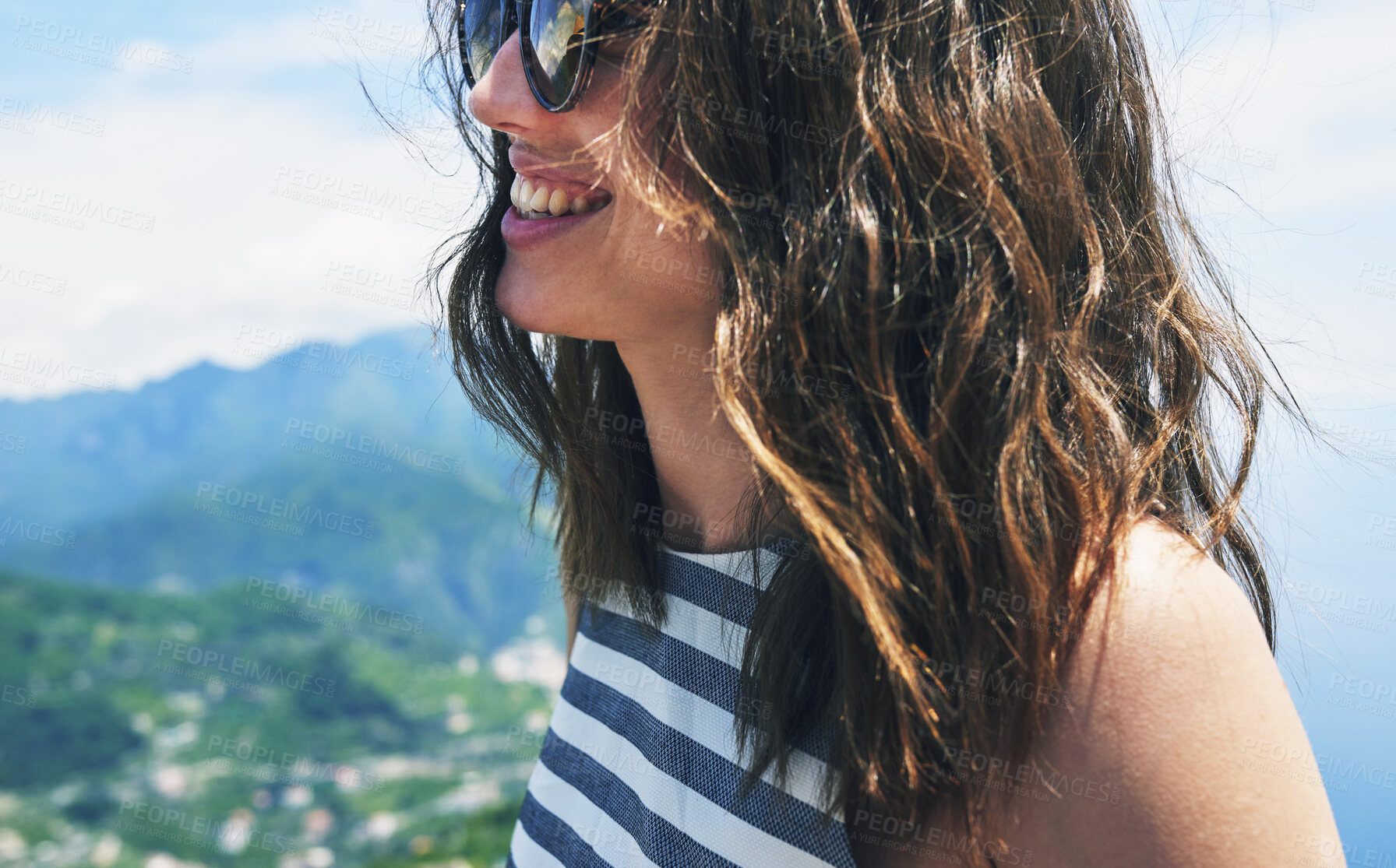 Buy stock photo Beautiful woman smiling on travel summer vacation in Italy