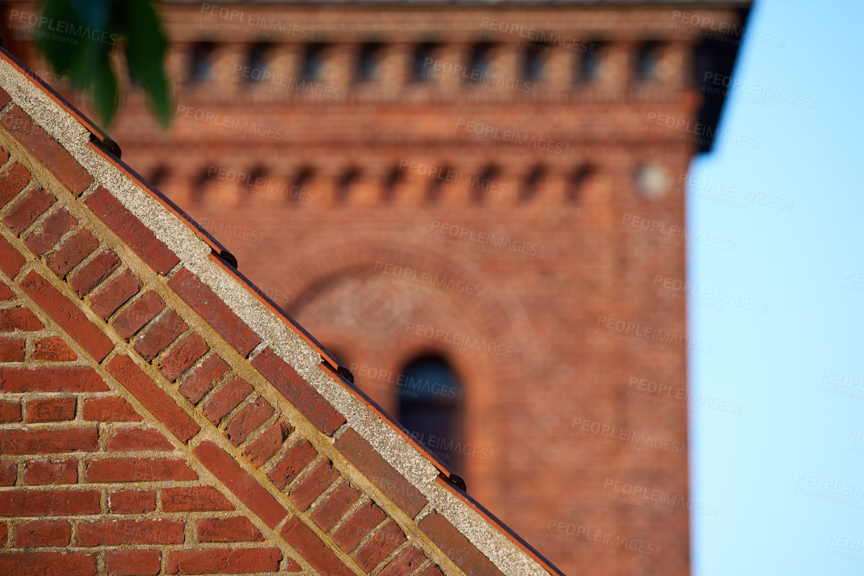 Buy stock photo Building, roof or architecture with brick for solid structure, durability or industrial infrastructure on space. Empty, pattern and property with strong construction for shelter, protection or safety