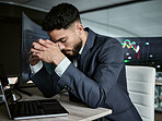 Businessman with depression on the stock market, trading during a financial crisis. Stressed trader in a bear market, looking at stocks crashing. Market crash, stock default and economy failure