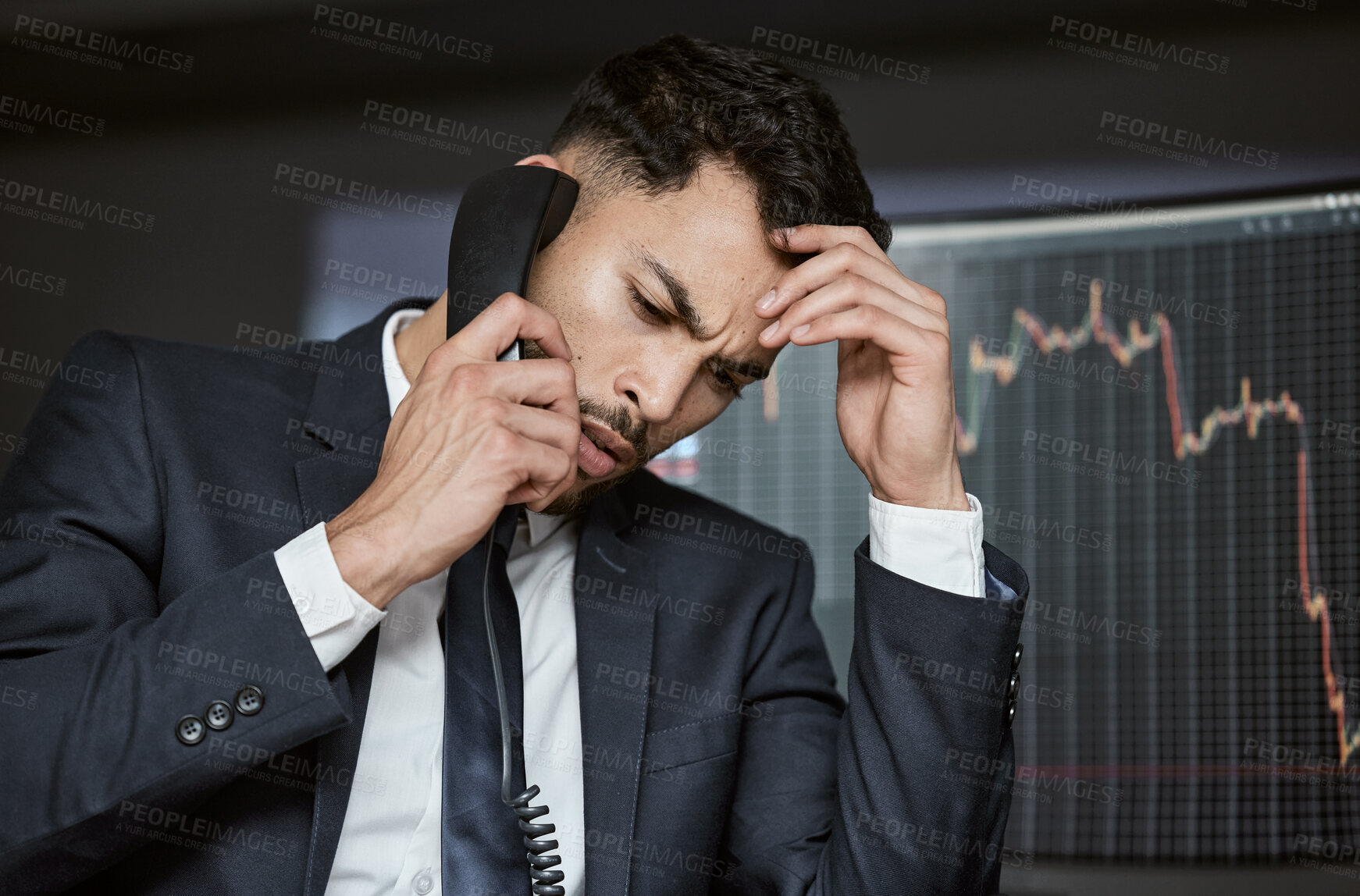 Buy stock photo Stressed businessman on the phone, trading on the stock market during a financial crisis. Trader in a bear market with stocks crashing. Market crash and economy depression or failure