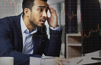 Buy stock photo Stressed businessman on the stock market, trading during a financial crisis. Online trader in a bear market, looking at stocks crashing. Market crash, stock default and economy failure or depression