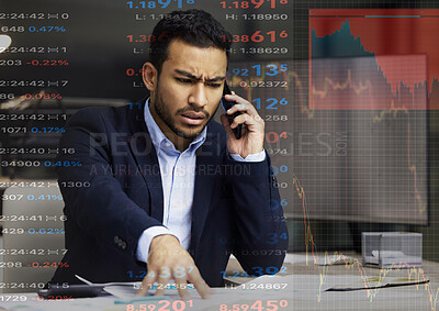 Stressed and angry businessman on the phone, trading on the stock market in a financial crisis. Trader in a bear market with stocks crashing and red numbers. Market crash and economy depression