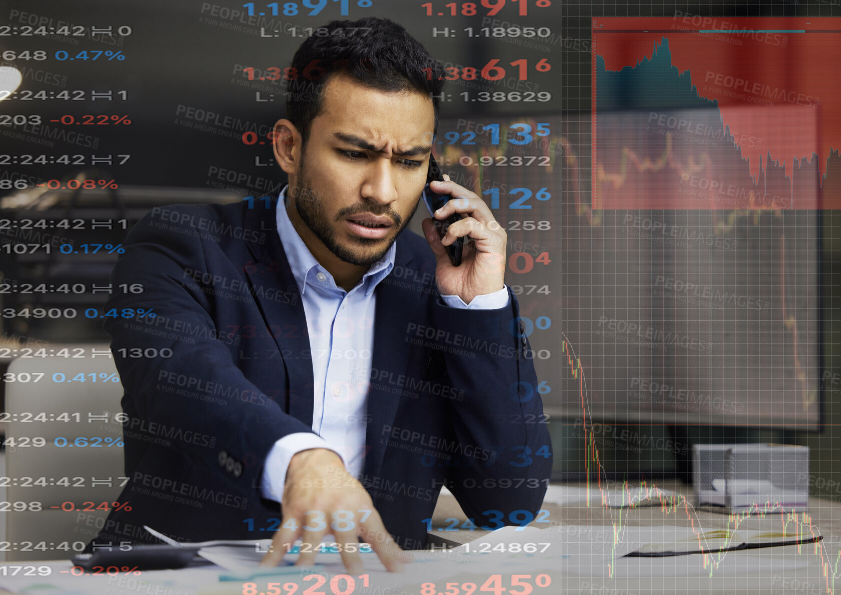 Buy stock photo Stressed and angry businessman on the phone, trading on the stock market in a financial crisis. Trader in a bear market with stocks crashing and red numbers. Market crash and economy depression