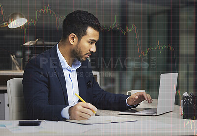 Buy stock photo Stressed businessman using a laptop, trading on the stock market in a financial crisis. Trader working online with a computer in a bear market. Market crash and economy depression or failure