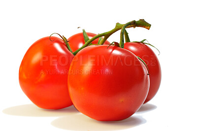 Buy stock photo Bunch of ripe and freshly picked bright red tomatoes on the stem, isolated in studio on a white background. Nutritional and healthy produce direct from the farm, ideal for any vegan or vegetarian diet