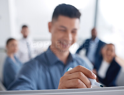 Buy stock photo Unknown mixed race business manager training and teaching team of colleagues in office. Hispanic businessman using a whiteboard to write and explain to diverse group of business people in workshop