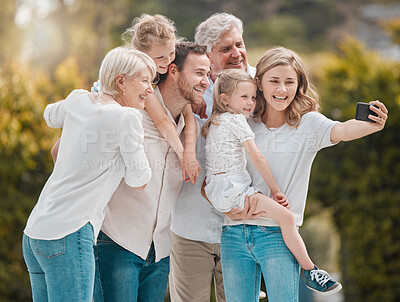 Buy stock photo Selfie of big family in garden together with smile, grandparents and parents with kids in backyard. Photography, happiness and men, women and children in park with love, support and outdoor bonding.