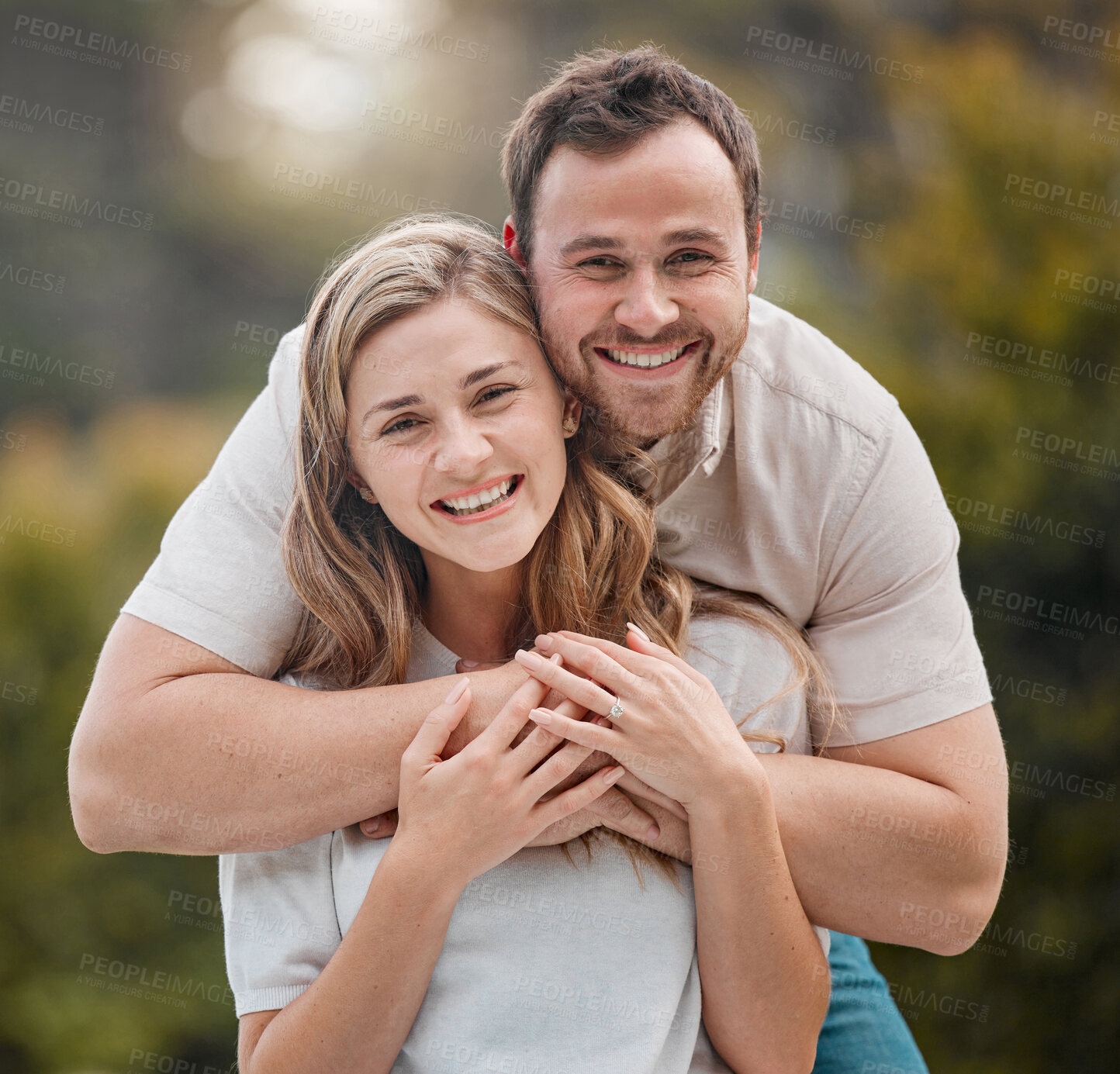 Buy stock photo Happy couple, hug and man with embrace with portrait in backyard, garden or outside for bonding. People, woman and husband with excitement for memory, nostalgia and together for care of relationship