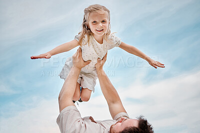 Buy stock photo Child, playing and portrait with father as a plane outdoor in summer, blue sky and together in game. Bonding, dad and kid flying with support or freedom on vacation, holiday or weekend with happiness