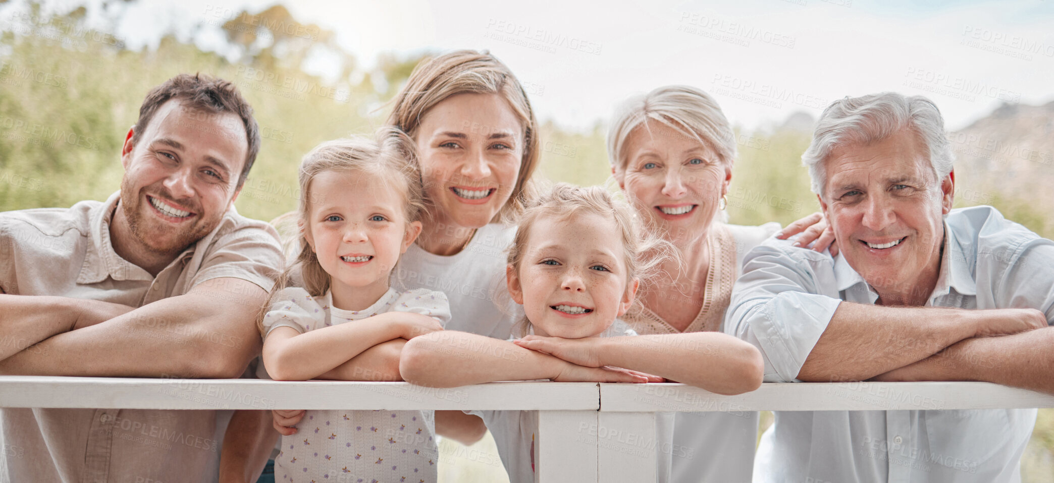Buy stock photo Happy family, portrait and outdoor for bonding together, parents and kids with pov, summer and face. Holiday, love and grandparents with smile, childhood memories and cheerful for vacation