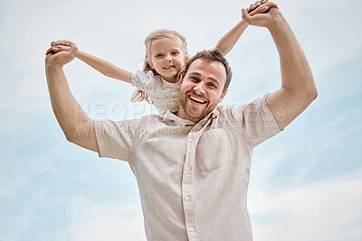 Buy stock photo Portrait, child and father playing as a plane outdoor in summer, blue sky and happiness together. Bonding, dad and kid flying on shoulders with freedom on vacation, holiday or weekend with a smile