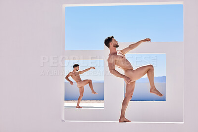 Two muscular handsome sexy young men with athletic bodies is posing on a white square framed concrete structure on a sunny day outside.
