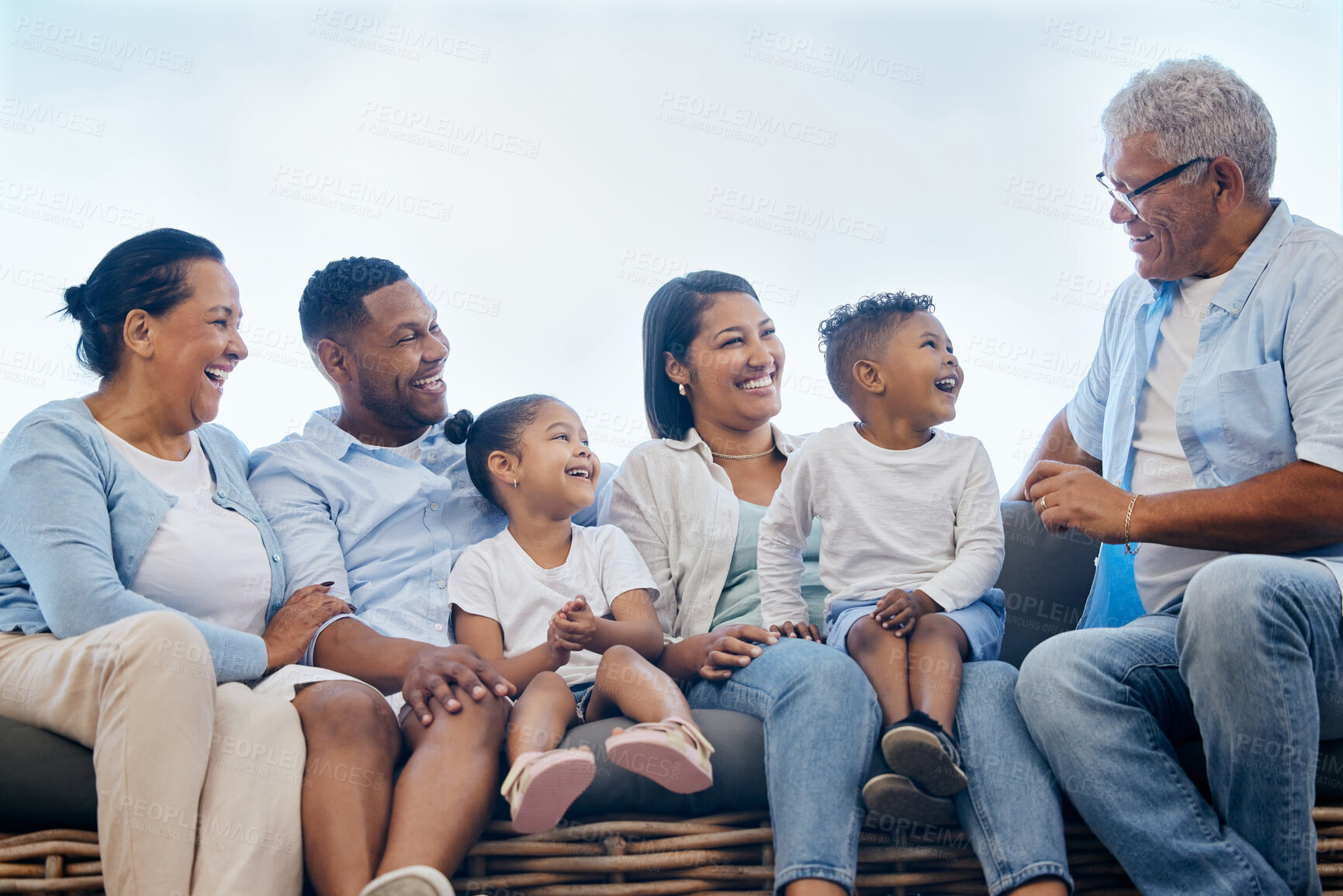 Buy stock photo Love, big family and happy kids, parents and grandparents with mom, dad or sibling care, support and smile. Outdoor sofa, mother and relax senior grandma, elderly grandpa and father bonding together 