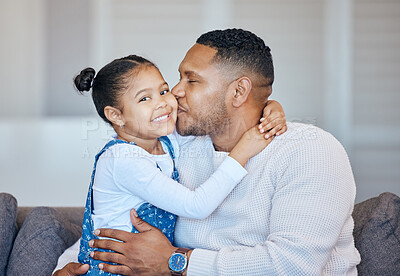 Buy stock photo Portrait, kiss and happy kid hug dad, family or papa childcare, support or love for young girl, youth or daughter. Home lounge sofa, parent affection and Fathers Day bond, smile and hugging USA child