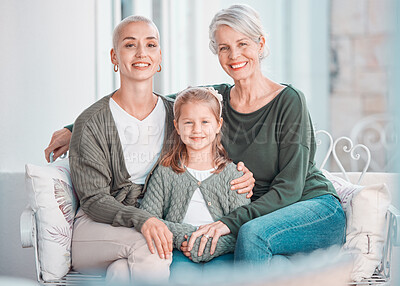 Buy stock photo Mother, grandmother and daughter on couch, portrait and hug with love, care and bonding in lounge at family house. Mama, grandma and girl child with embrace, relax and together on living room sofa