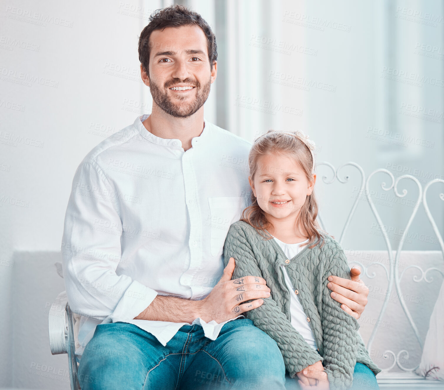 Buy stock photo Father, girl kid and portrait on couch, smile and hug for care, love and bonding on vacation in family house. Dad, child and happy together for embrace with pride, relax and holiday at apartment