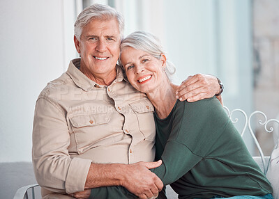 Buy stock photo Senior couple, hug and portrait on sofa with smile, care and bonding with love, retirement and home living room. Happy old man, elderly woman and embrace on lounge couch, relax and pride in apartment