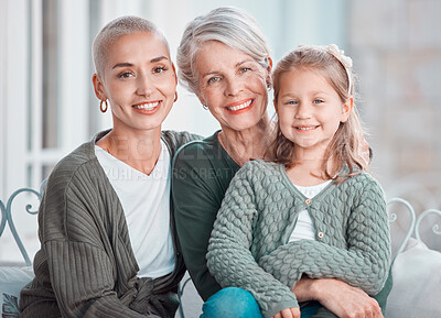Buy stock photo Mom, grandmother and girl in portrait, sofa or hug for care, bonding or love in family home lounge. Elderly lady, mother and daughter for embrace for smile, relax and together in living room at house