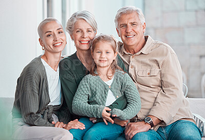 Buy stock photo Grandparents, girl and mother in portrait on sofa with hug, care or bonding with love in family home lounge. Elderly people, kid and mom with smile, relax and together on living room couch in house