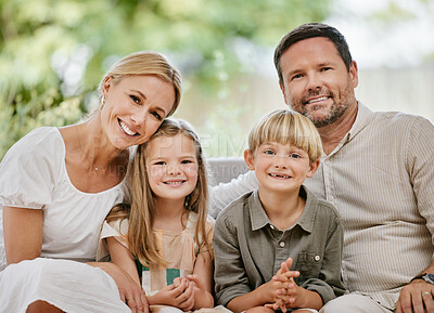 Buy stock photo Family, smile and relaxing on couch, portrait and bonding at home, fun and embrace for love. Parents and children, connection and security in relationship, happy and care or hug, living room and sofa
