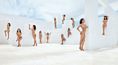 Composite shot of beautiful young mixed race woman posing naked in a white artistic structure with cloudy blue sky. Montage of one female looking sensual, sexy and seductive while modelling many poses