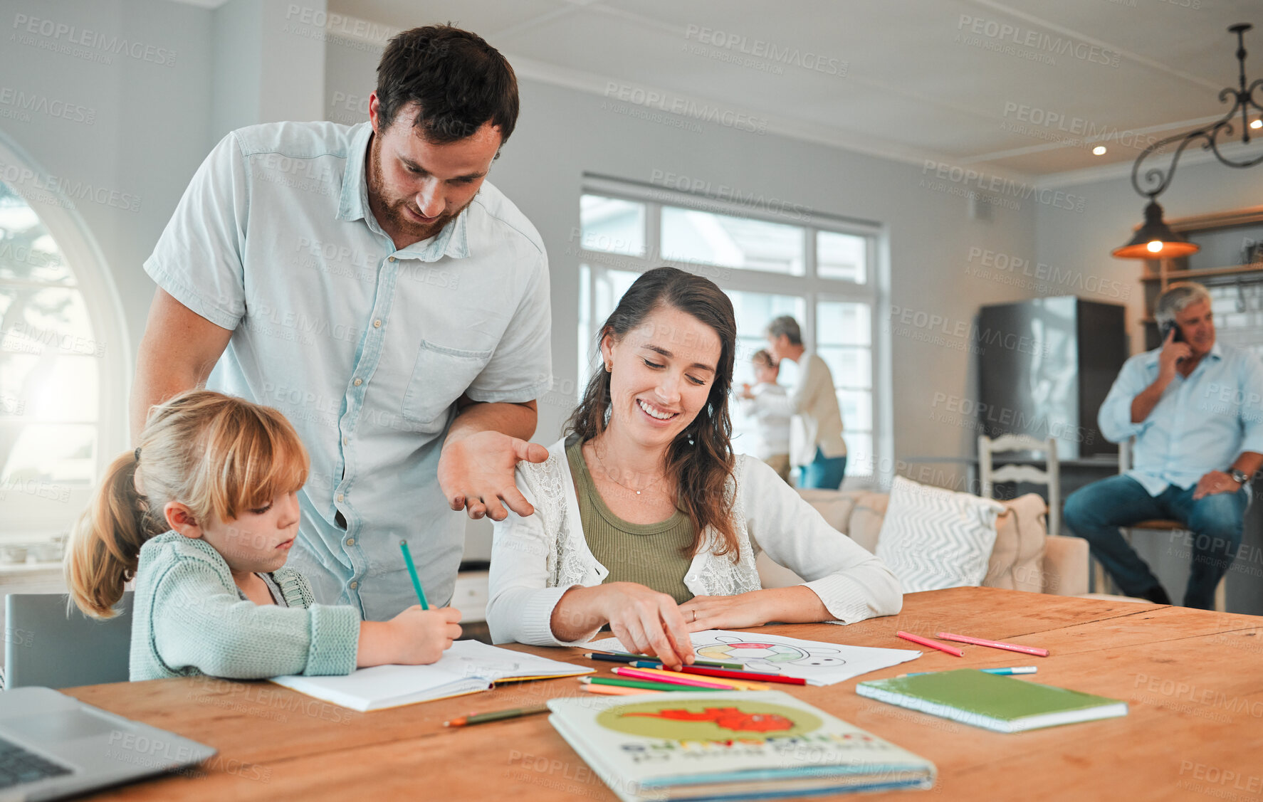 Buy stock photo Parents, girl child and help with homework for learning, development and support for advice, pencil and books. Father, mother and daughter for education, test and progress for growth in family house