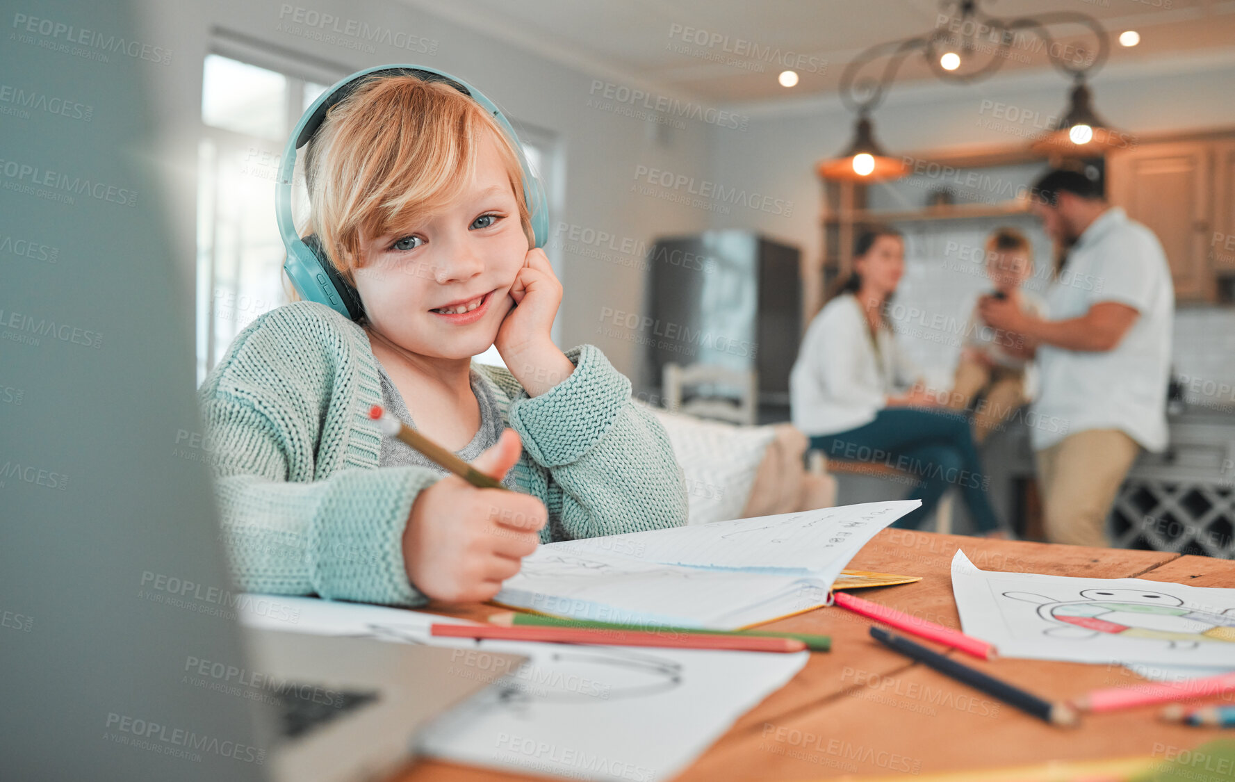 Buy stock photo Family, child in headphones and online education, home e learning or virtual school with parents in living room. Portrait of girl writing, drawing and listening in video call or computer for language