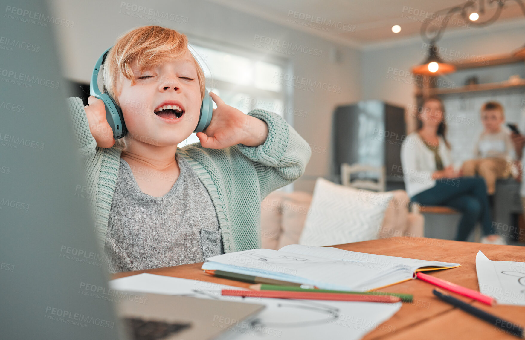 Buy stock photo Child, headphones and homework or music sing at laptop for distance learning, virtual class or notebook. Kid, academic work break in family home for entertainment playlist, relax or education rest