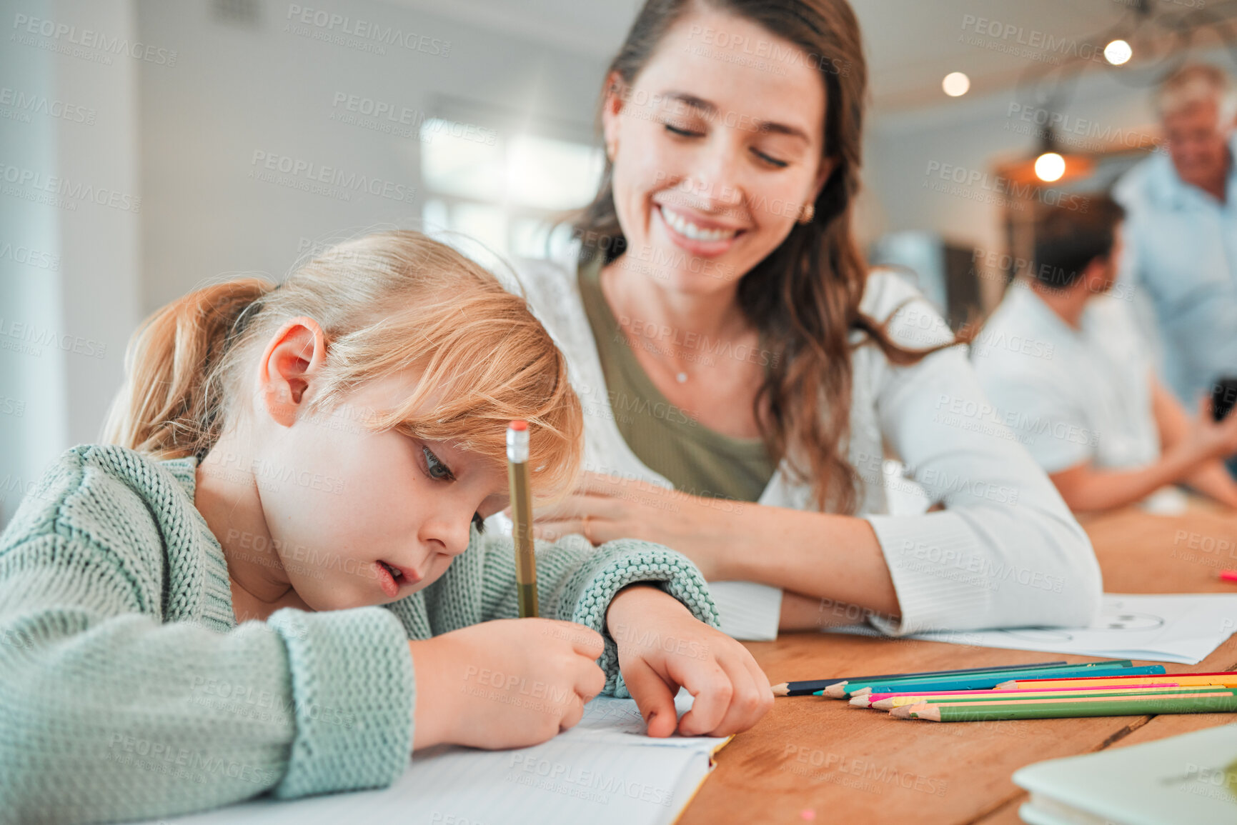 Buy stock photo Mom, girl and writing for homework with book, development and studying with advice, pencil and smile. Education, mother and daughter with cheers for assessment, progress and growth in family house