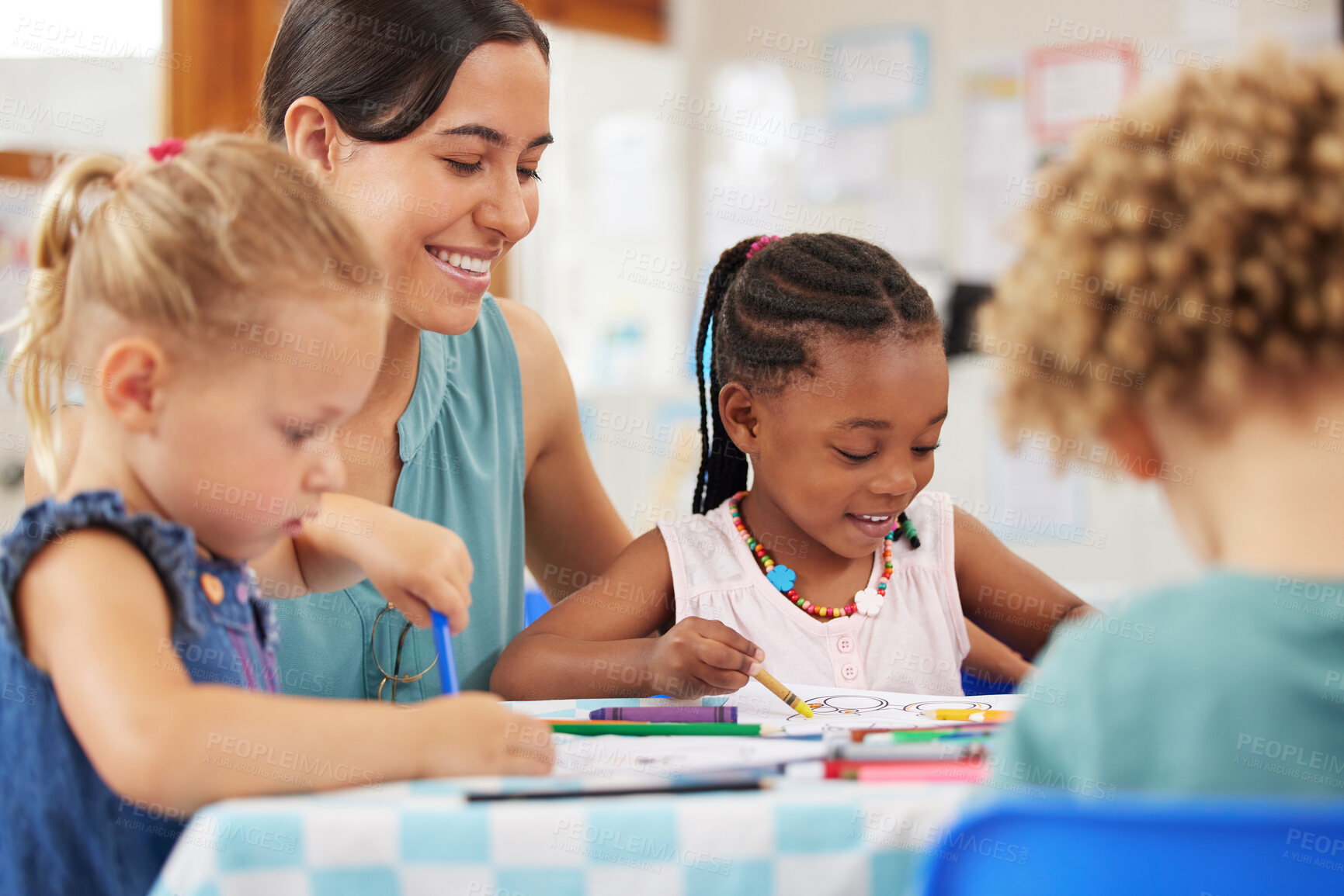 Buy stock photo Happy, teacher and woman with education, students and ideas with kindergarten, lessons or teaching. Person, educator or children writing, knowledge or kids in a classroom with help, smile or learning