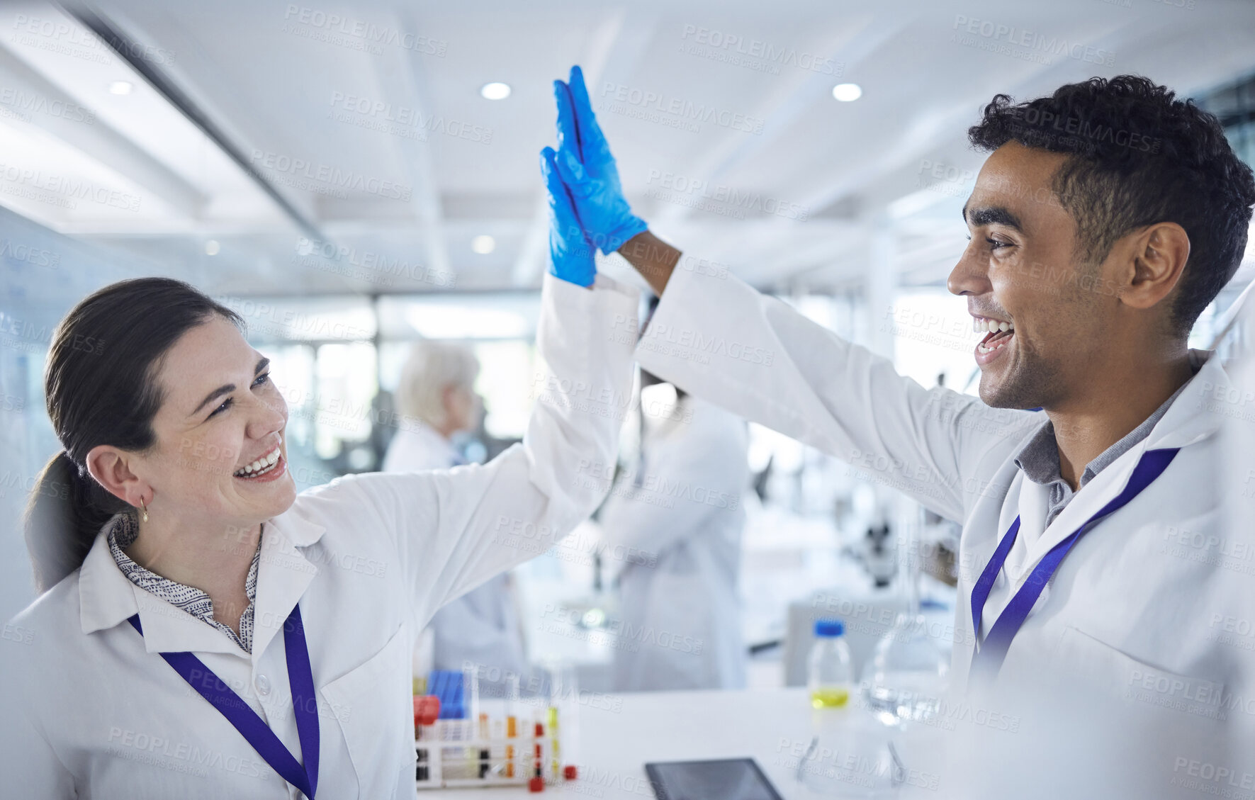 Buy stock photo Science, high five and man with woman in laboratory for agreement, success or deal. Teamwork, medical research and celebration, scientist partnership in collaboration or congratulations for doctors