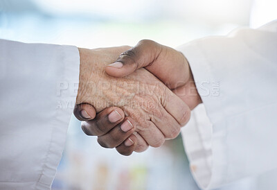 Buy stock photo Science, shaking hands and agreement in laboratory for onboarding, deal or gratitude. Welcome, medical research and scientist in handshake for partnership, collaboration or introduction for doctors.