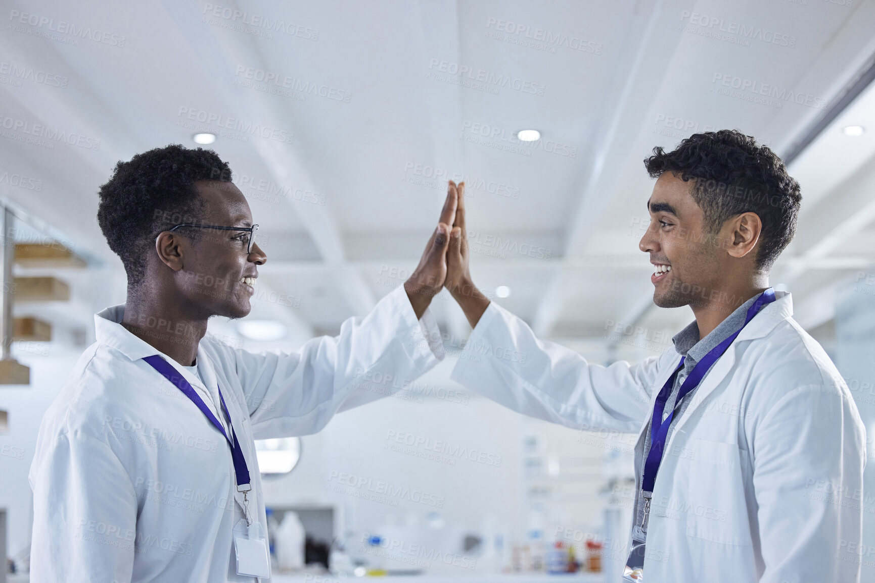 Buy stock photo Science, high five and men in laboratory for congratulations, deal or success with results. Teamwork, medical research and celebration, scientist partnership in collaboration or cheers for doctors.