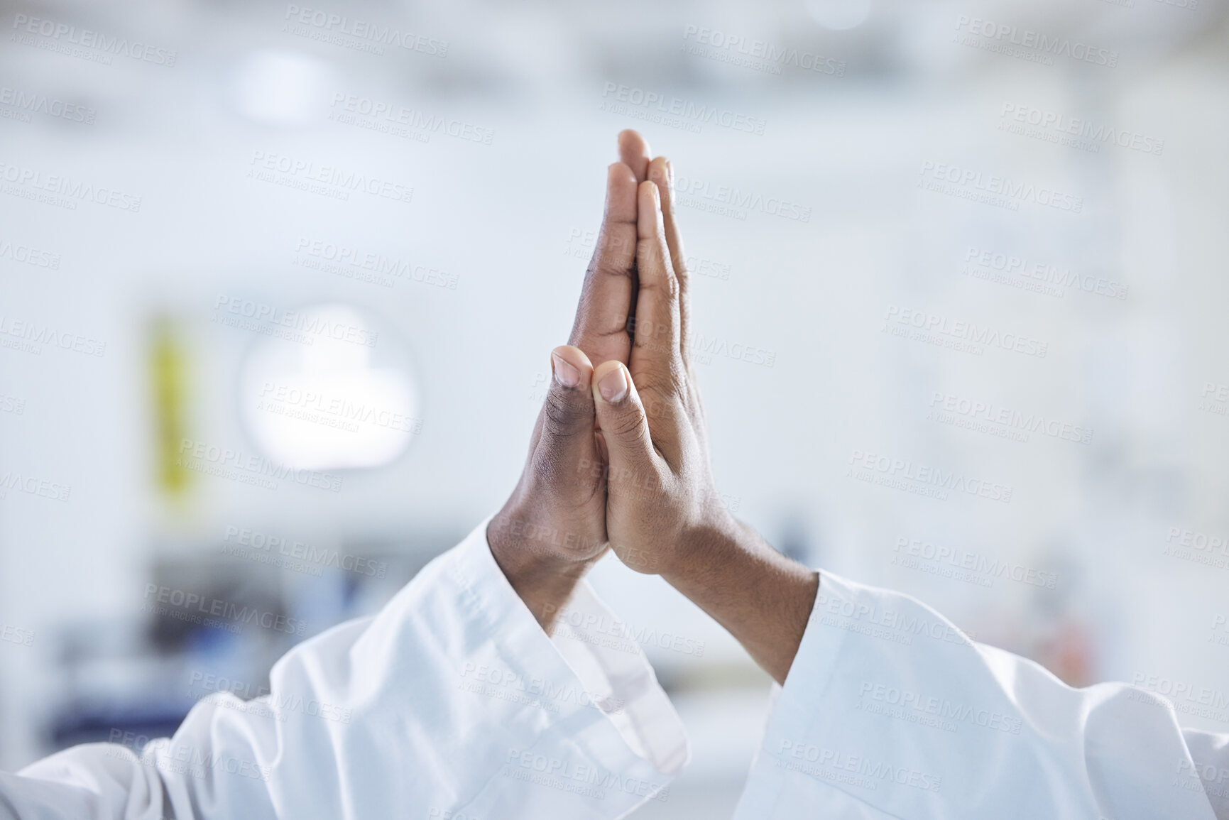 Buy stock photo Science, hands and scientist high five in a laboratory with success, celebration or support zoom. Pharma, partnership and doctors with goal emoji for medical, solution and lab, teamwork or motivation