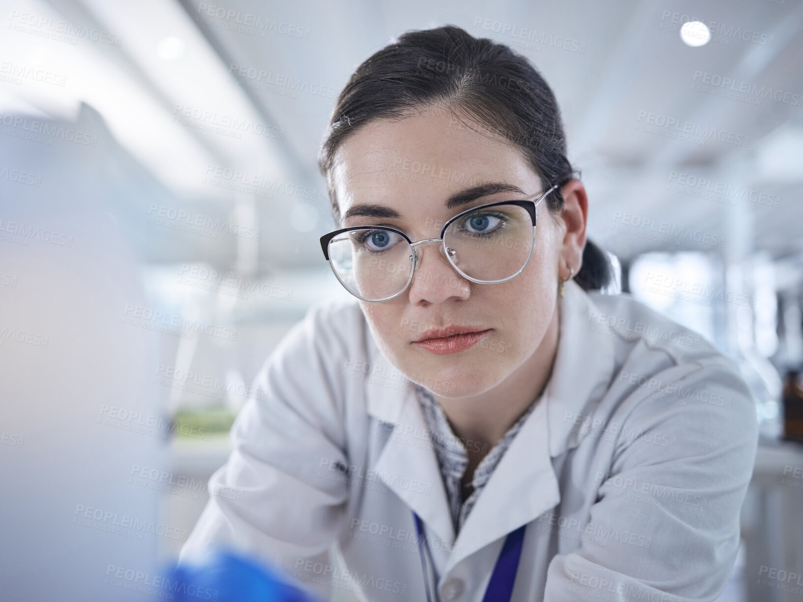 Buy stock photo Woman, scientist and lab study future medicine for research discovery, vaccine technology or results review. Female person, glasses and thinking breakthrough for antibiotic,  help pills or innovation