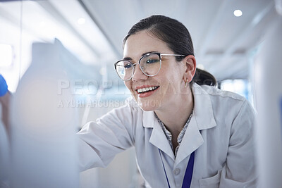 Buy stock photo Woman, medical scientist and in lab happy for vial discovery or research future vaccine, review or technology. Female person, glasses and study breakthrough for antibiotic, help job or innovation