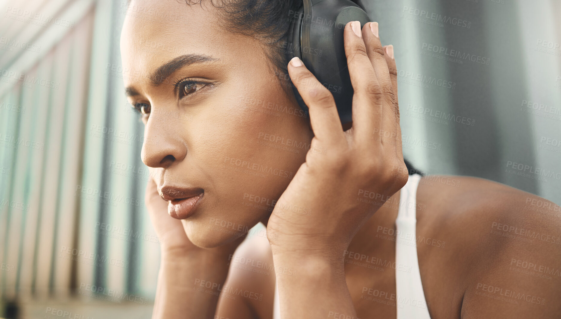 Buy stock photo Headphones, girl thinking or runner streaming music to start training, workout or exercise in city. Face, resting break or healthy sports woman athlete listening to radio or fitness podcast to relax