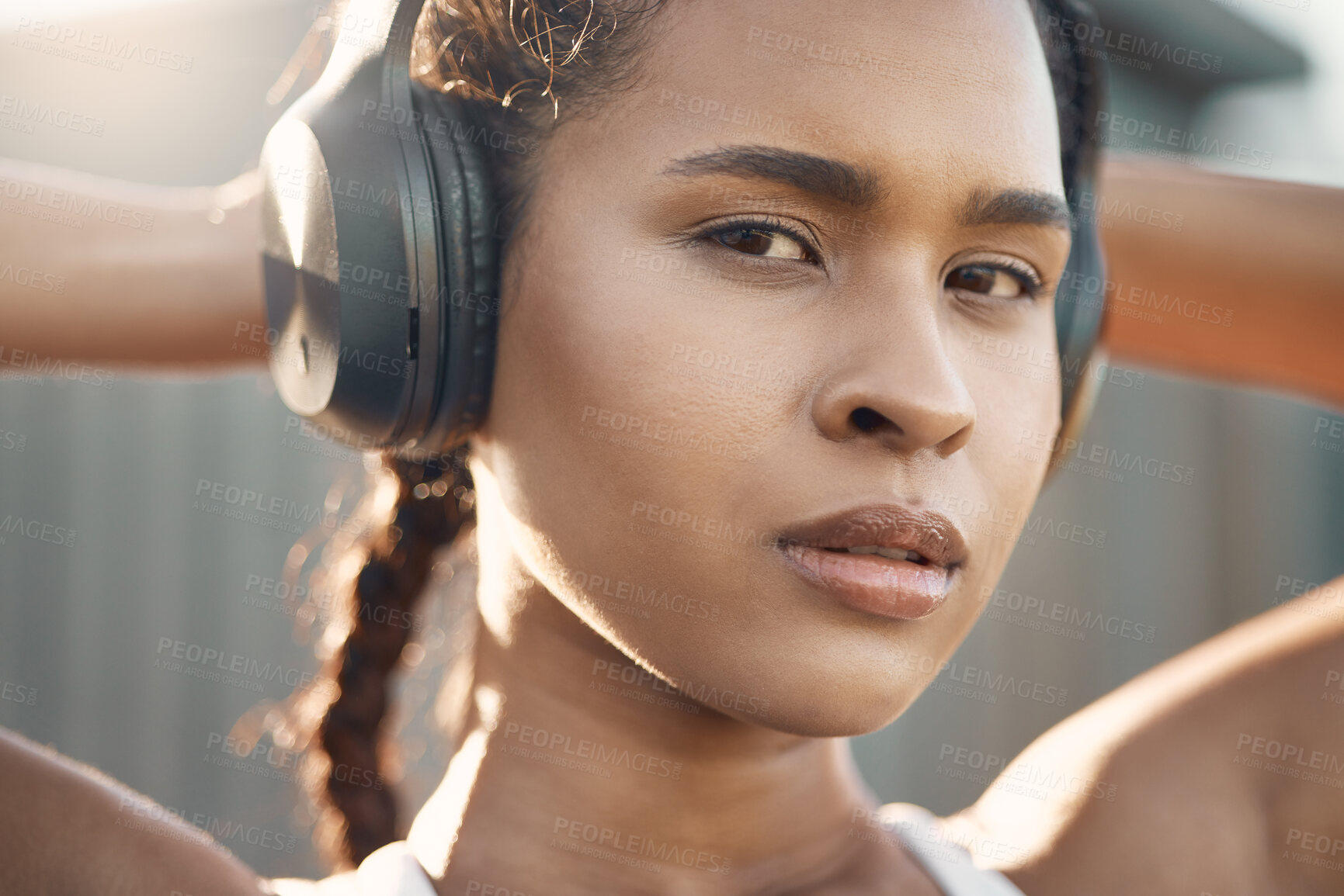Buy stock photo Headphones, woman portrait or face of runner streaming music to start training, workout or exercise in city. Rest, break or healthy sports girl athlete listening to radio or fitness podcast to relax