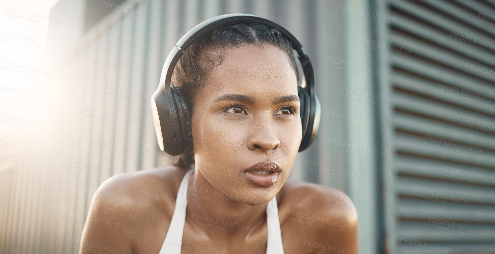 Buy stock photo Headphones, woman thinking or tired runner in city listening to music to start training, workout or exercise. Face, resting break or healthy sports girl athlete streaming fitness podcast to relax 