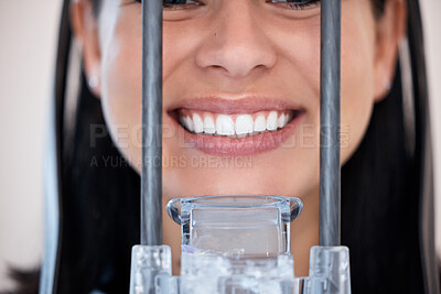 Buy stock photo Closeup, woman or digital for scan of mouth, xray or examination at dentist. Female, patient and smile for dental checkup with oral hygiene, teeth and gum healthcare with technology in doctor office