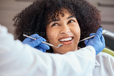 Buy stock photo Woman, dentist or cleaning tools of teeth, consultation or examination in chair at surgery. Female, patient and smile in checkup for oral hygiene, mouth and gum healthcare with orthodontist in office